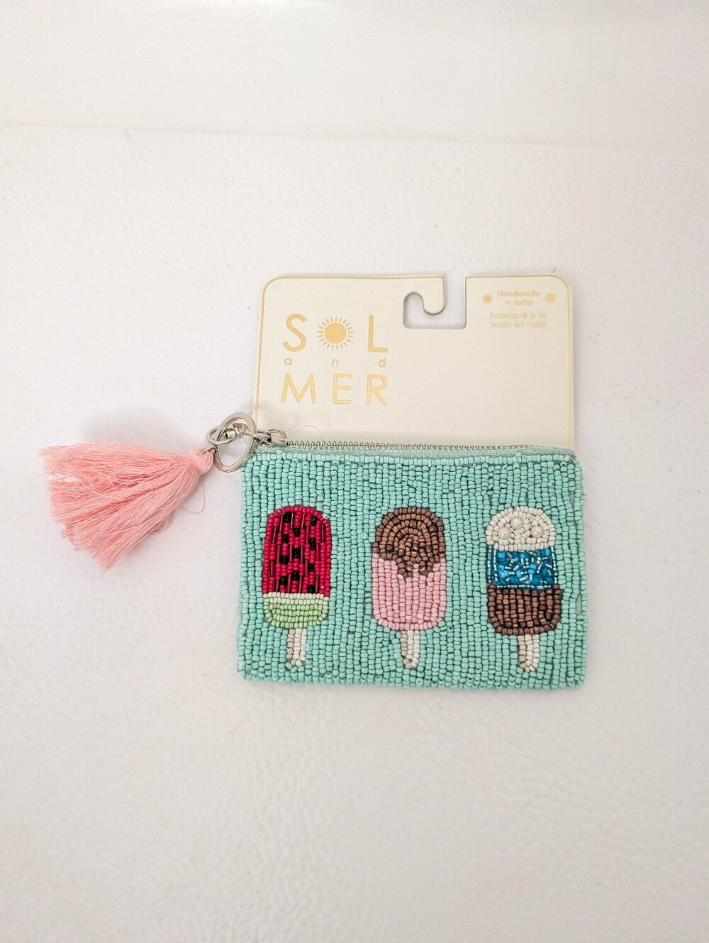 Sol And Mer Beaded Ice Pop Coin Purse Bag Charm with Pink Tassel